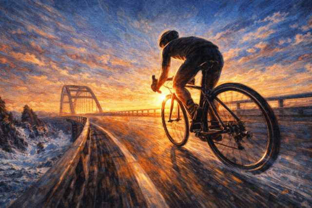 sunset bridge cyclist